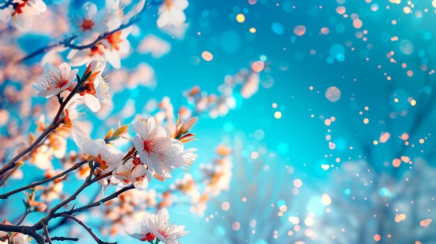 Mandelbaumzweige in Blüte und mit blauem Himmel im Hintergrund und im Kopierraum unfokussiert