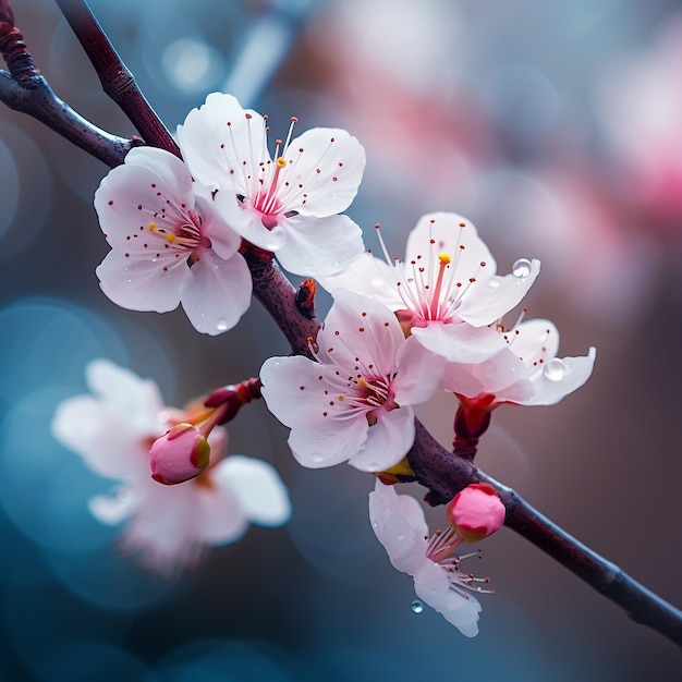 MANDELBLUME ISOLIERT AUF BLAUEM UND ROSA HINTERGRUND