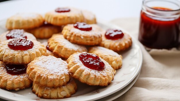 Mandelkekse mit Erdbeermarmelade auf einem Teller