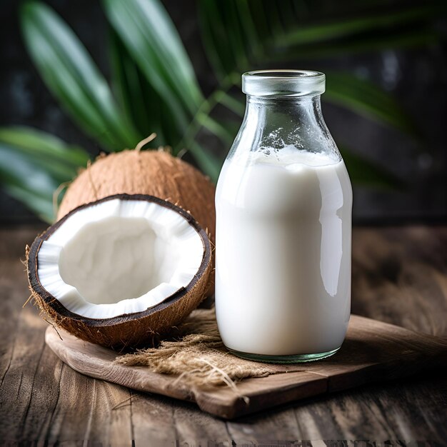 Mandelmilch in der Flasche mit Mandelnüssen auf hölzernen Hintergründen. Pflanzliche Milch. Generierte KI