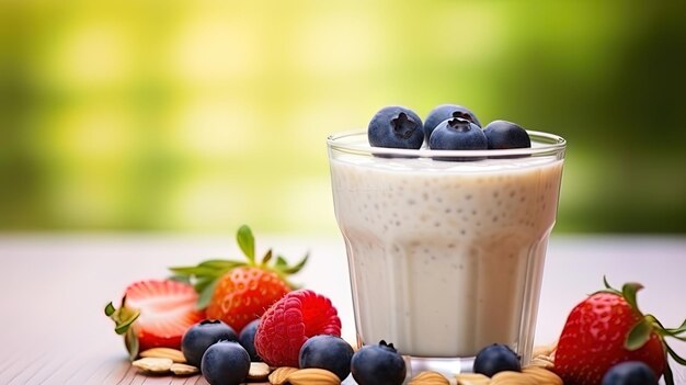 Mandelmilch und Hafermehl mit Beeren, die ein gesundes Frühstück und Energie für den ganzen Tag symbolisieren