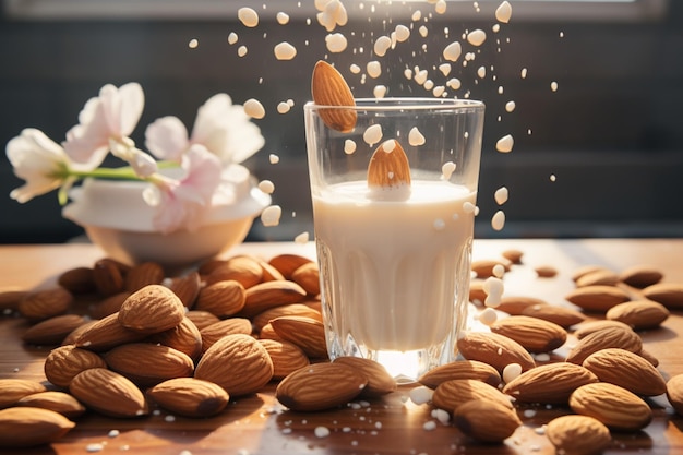 Mandeln tanzen anmutig und stürzen in eine mit Milch gefüllte Tasse inmitten einer atemberaubenden Landschaft