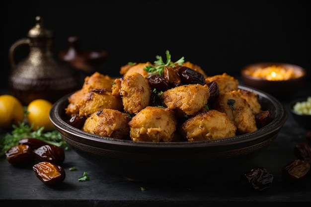 Mandi de pollo con dátiles en un arco de mesa negro