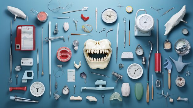 Foto la mandíbula dental y los instrumentos dentales en un fondo azul plano se encuentran en la vista superior