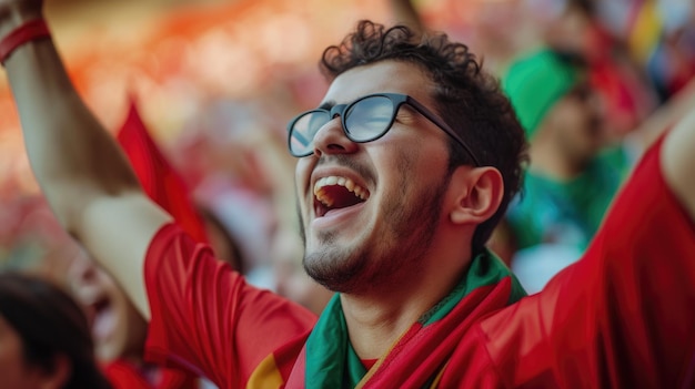 Foto la mandíbula feliz de un fanático cayó haciendo gestos en voz alta en el estadio de fútbol.