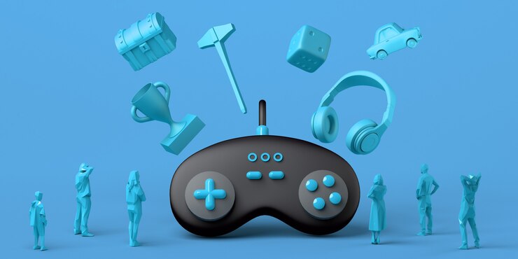 Foto mando de juegos gigante con cofre de dados para auriculares y premio flotando alrededor de la gente