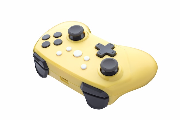 Mando de videojuegos retro. Controlador amarillo para un videojuego. Gamepad aislado sobre un fondo blanco. Profundidad de campo completa.