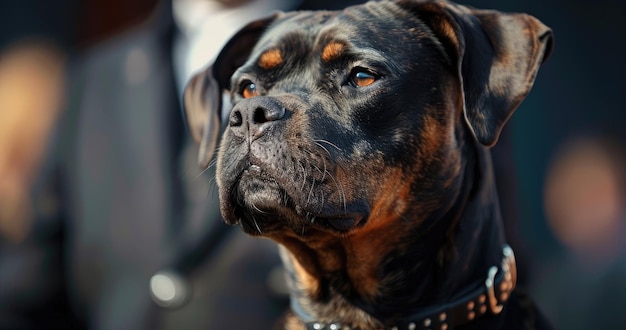 Un manejador de exhibición de perros en trajes de exhibición que presenta un perro en un anillo de competencia fotorrealista de fondo de color sólido