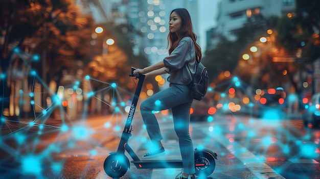Foto manejador de redes sociales comprometido viajando en scooter eléctrico concepto de actualizaciones en tiempo real