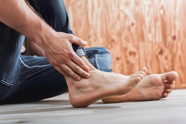 Manejando masajear su doloroso pie por la mano