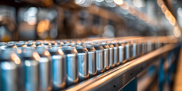 Manejo automatizado de latas de aluminio para una producción eficiente de bebidas en las instalaciones de fabricación Concepto Sistemas de clasificación automatizados Robótica inteligente Manejo eficiente de latos de aluminio Manufactura