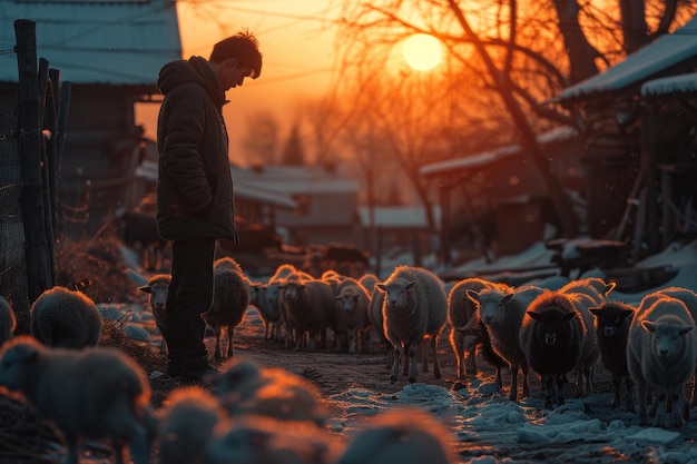 Foto el manejo frente al rebaño de ovejas en la alimentación vespertina