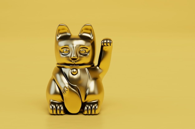 Maneki Neko aislado sobre fondo amarillo Gato de la suerte japonés figurilla gato dorado trae buena suerte