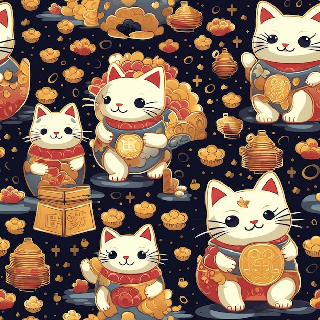 ManekiNeko Medley Un patrón sin costuras vibrante