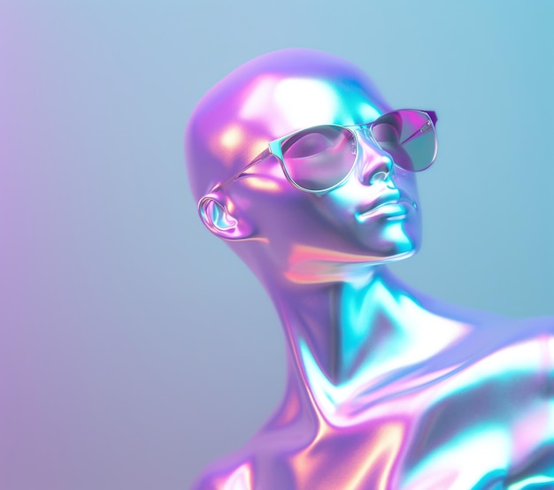 Manequim holográfico com óculos de sol contra um fundo rosa e azul gradiente AI gerativa