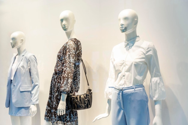 Manequins em roupas femininas de verão em tons pastéis em uma vitrine Estilo moda e elegância