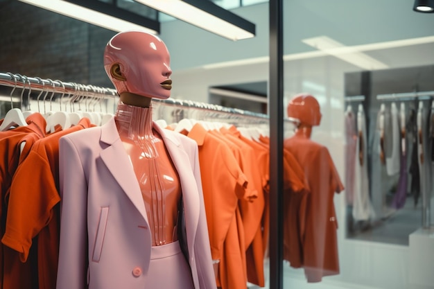 Manequins mostram as últimas tendências da moda em uma loja de roupas bem organizada