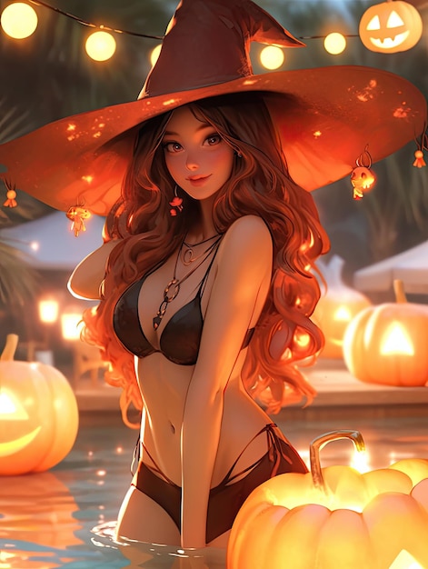 Mangá anime beleza gostosa sexy halloween bruxa usa biquíni na piscina