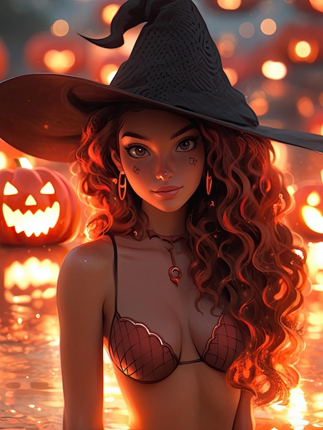 Mangá anime beleza halloween bruxa sexy usa biquíni na piscina