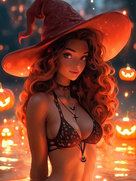 Manga anime belleza caliente sexy bruja de halloween usar bikini en la piscina