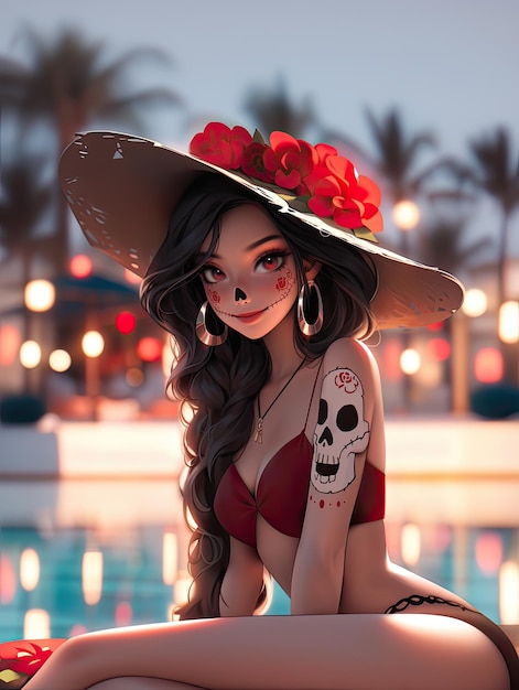 Manga anime belleza sonriente chica caliente día de los muertos calavera de azúcar maquillaje dia de muertos wearbikini