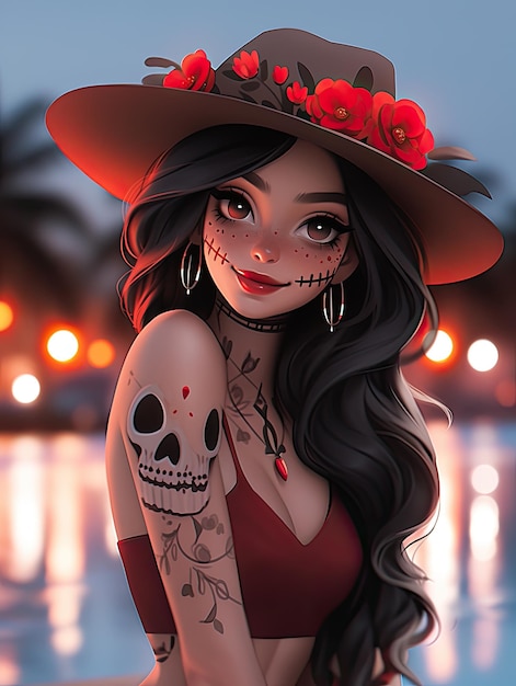 Manga anime belleza sonriente chica caliente día de los muertos calavera de azúcar maquillaje dia de muertos wearbikini