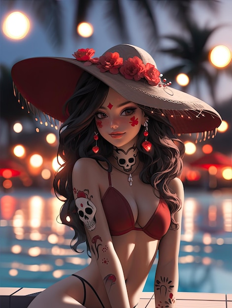 Manga anime belleza sonriente chica caliente día de los muertos calavera de azúcar maquillaje dia de muertos wearbikini