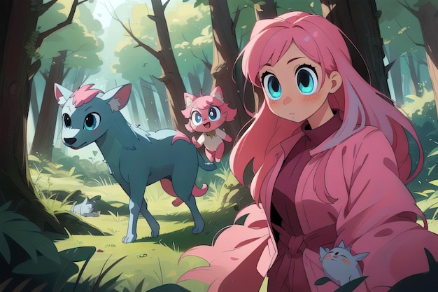 Manga anime girl en el bosque encantado ilustración generativa ai