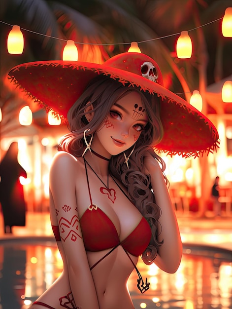 Manga Anime lächelnde Schönheit heißes Mädchen Tag für toten Zuckerschädel Make-up Dia de Muertos Wearbikini