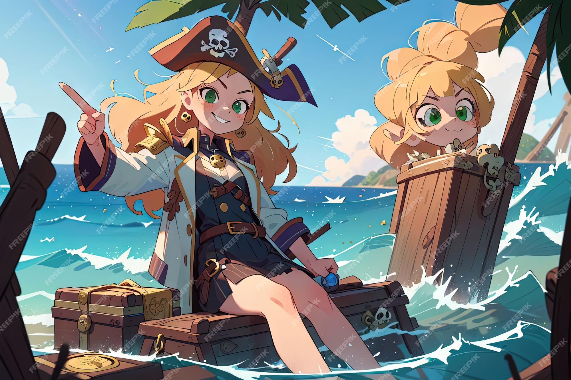 Manga anime linda garota pirata na ilustração da ilha do tesouro