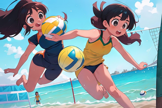 Manga anime lindas garotas brasileiras jogando vôlei de praia mulher  atraente de biquíni ilustração de desenho animado uma imagem gerada por ia