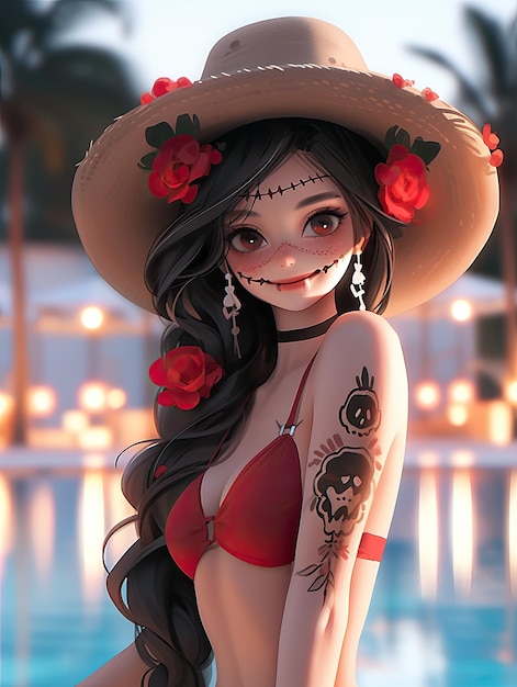 Manga anime sorrindo beleza dia de garota gostosa para caveira de açúcar morta maquiagem dia de muertos wearbikini