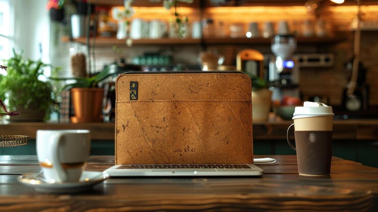 la manga de la computadora portátil de corcho en una mesa en un café moderno con tazas de café y plantas en el fondo