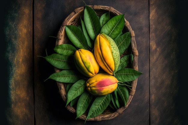 Manga de frutas tropicais em uma cesta de madeira contra um fundo de folhas vista superior