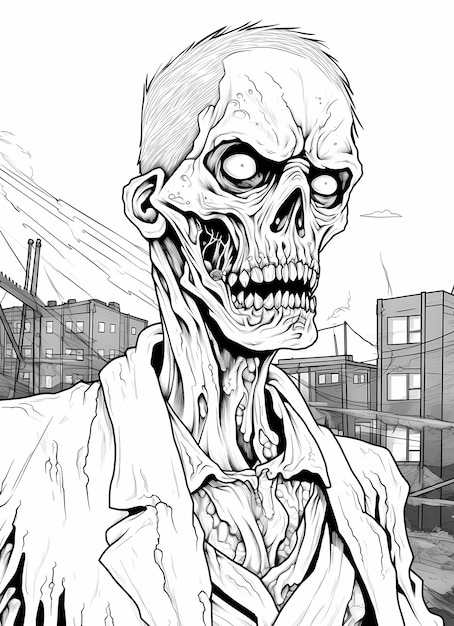 Manga Mundo Assombrado Página de livro de colorir com um Zombie louco de Halloween