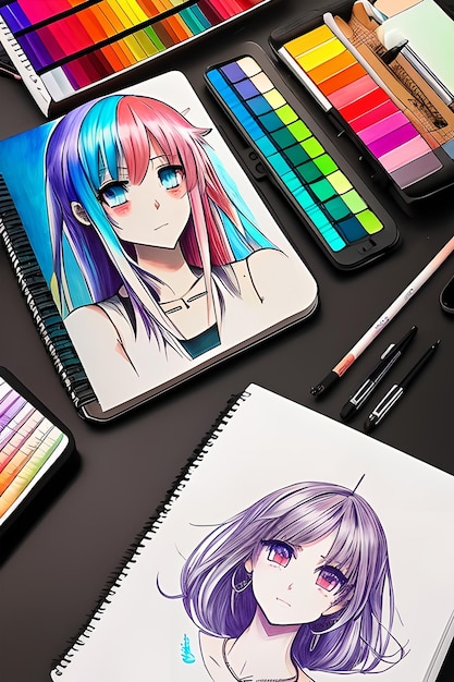 Foto mangaka dibujando un personaje de anime