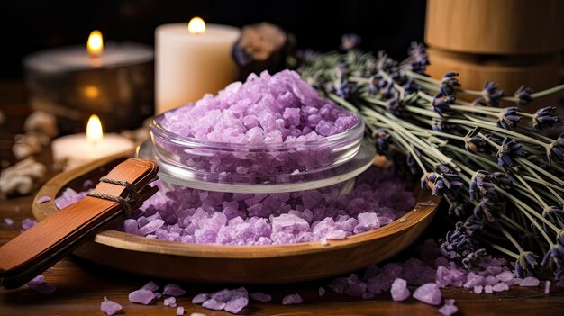 Foto mangelando sal de baño empaparse con el aroma sereno de la lavanda aromaterapia tranquilidad fragante digno de reproducción alivio del estrés cuidado personal deleite aromático rejuvenecimiento generado por ia