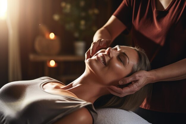 Foto mangelarse y relajarse mientras una mujer recibe un masaje facial rejuvenecedor en un lujoso spa una mujer relajada de mediana edad disfrutando de un masaje de cabeza por acupresión en un salón de spa de lujo generado por ia