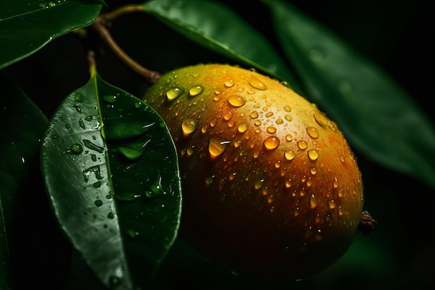 Un mango amarillo con gotas de agua