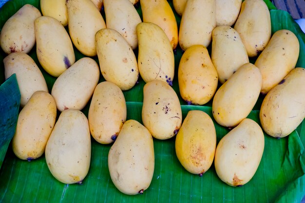 Mango amarillo en hoja de plátano en el mercado tailandés