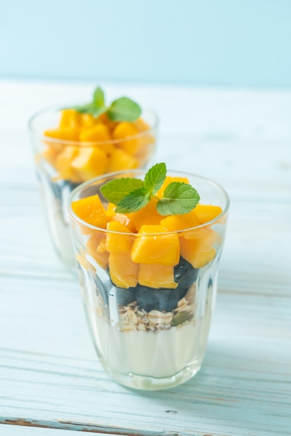 Mango y arándanos caseros con yogur y granola