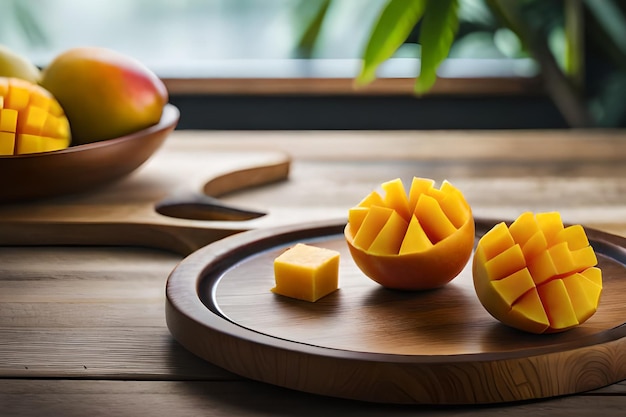 Foto mango en una bandeja de madera con un bol de mangos sobre la mesa