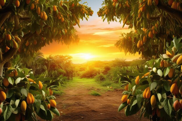 Mango-Bauernhof-Gartenbaubaumanbau mit tropischen Früchten Sonnenuntergang Generative KI