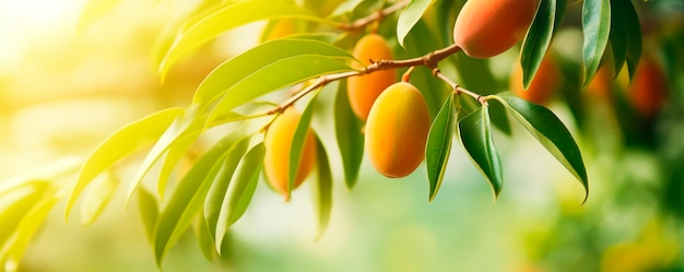 Mango-Baum in der Nähe von Obstgärten Hintergrund mit Kopierraum ai generiert