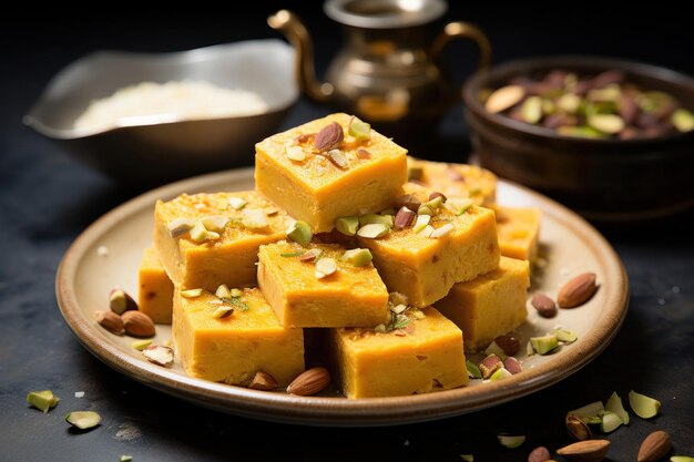 mango burfi é um doce de leite indiano derretido com sabor de manga