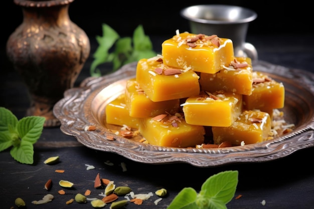 mango burfi es un dulce de leche indio derretido con sabor a mango