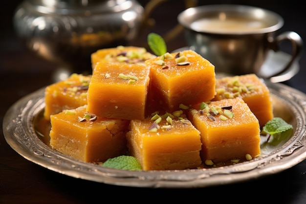 Mango Burfi ist ein schmelzender indischer Milchfondant mit Mangogeschmack