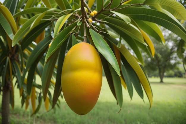 Un mango colgando de un árbol