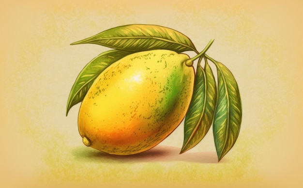 Foto un mango dibujado sobre fondo amarillo acuarela frutas tropicales ilustraciones de alimentos orgánicos ai generado