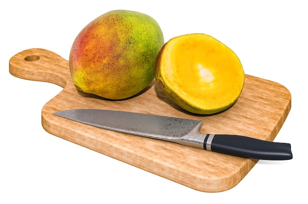 Foto mango se encuentra en una tabla de madera junto a un cuchillo 3d